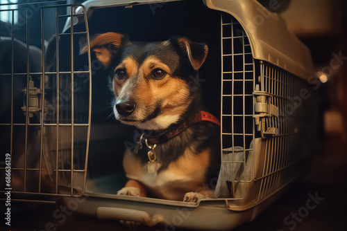 Cute miniature dog looking from dog carrier with open door, photo