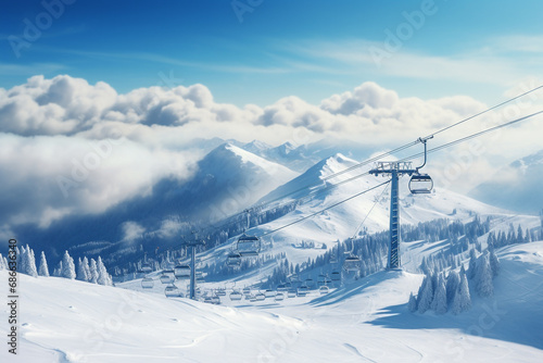 Ski lifts on snow mountain for winter holiday and adventure sport in the nature. © Golden House Images