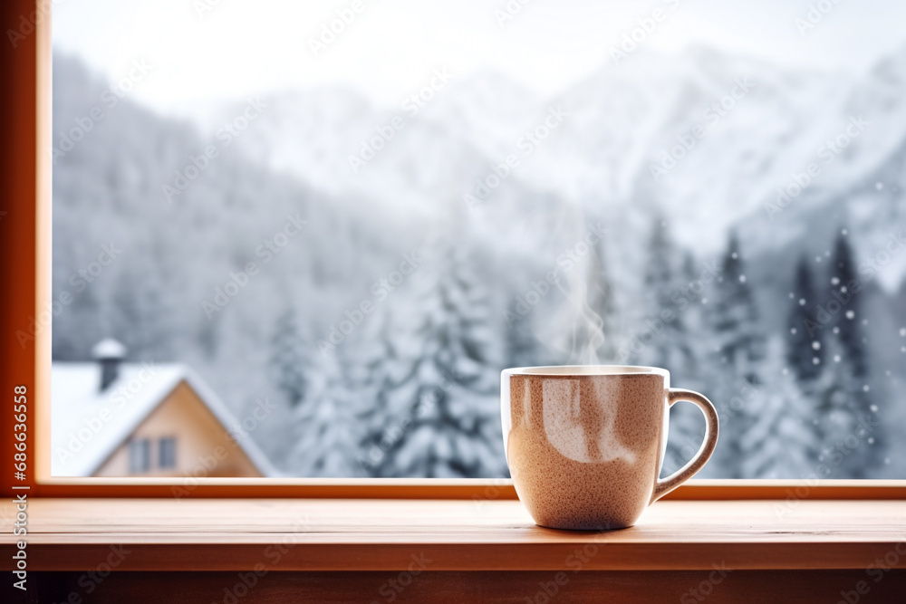 Coffee cup on empty wood table with snow mountain background