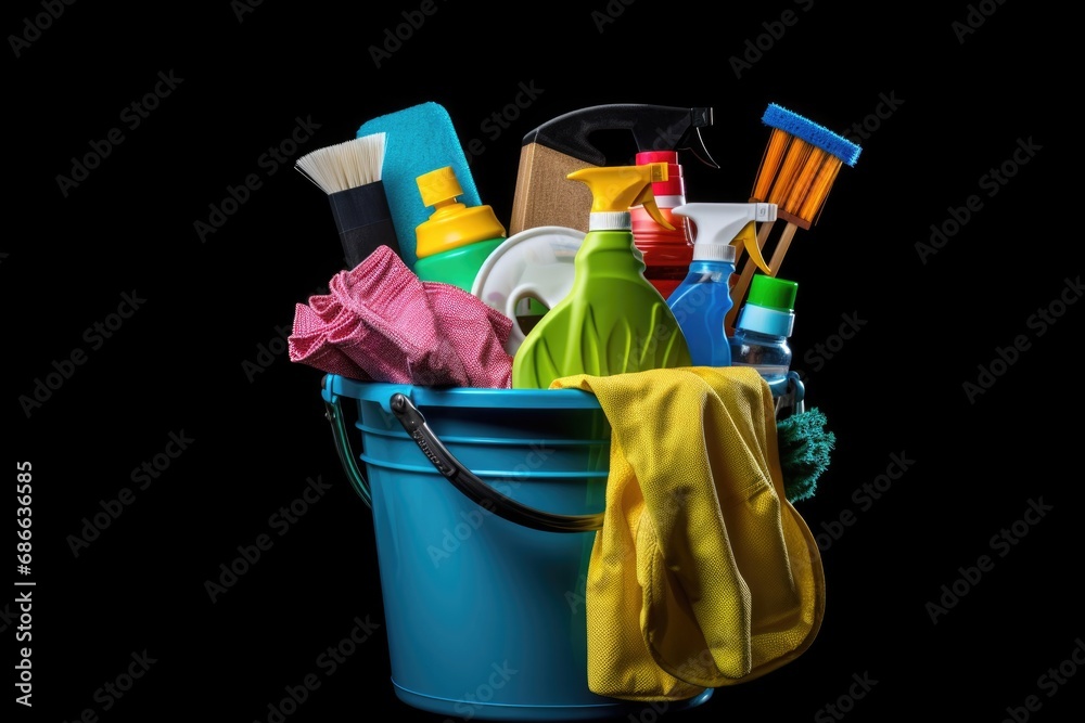Set of detergents, cleaning tools. Brushes, mop. Place for text. Set of detergents, cleaning tools. Brushes, mop. Place for text.