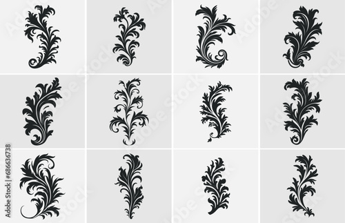 Acanthus Vector black silhouette set, Decorative Ornament element silhouette bundle photo