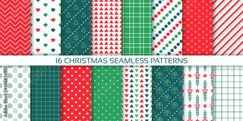 Christmas seamless pattern. Xmas background. Holiday New year prints with polka dot, tree, check, stars and triangles. Set of noel textures. Red green wrapping papers. Vector illustration