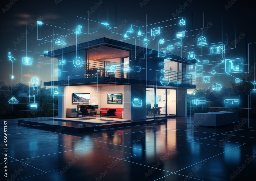 Obraz premium Smart home concept, featuring various connected devices and appliances technology background