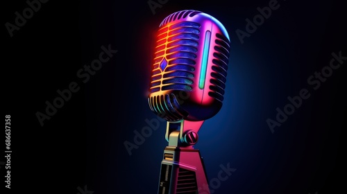 Karaoke Microphone with illuminated neon lights on a dark background.AI generated image