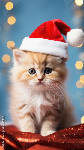 Cute kitten in Santa hat on blue background with bokeh.