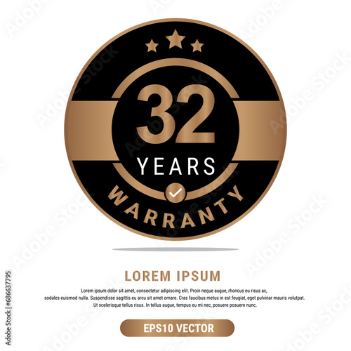 32 Year warranty vector art illustration in emas color with fantastic font and white background. Eps10 Vector