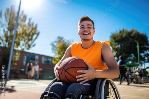Unbreakable spirit of disabled individuals pursuing active, joyous life is epitomized in image. Lively man in wheelchair, grinning, holds ball, signaling readiness for basketball match. Generated AI