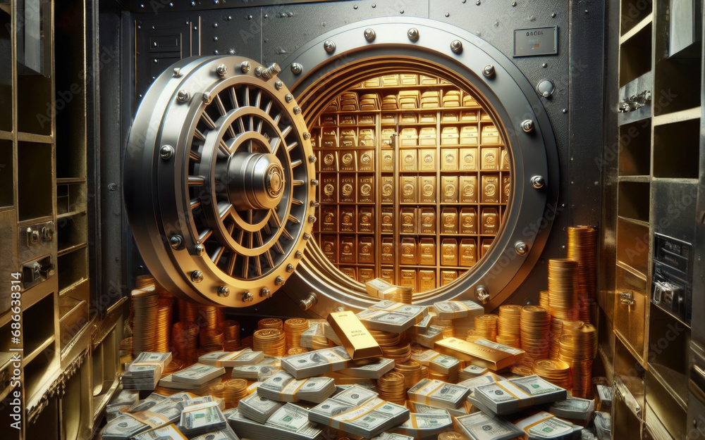 Open bank safe vault door with golden ingots peeking from inside - obrazy, fototapety, plakaty 
