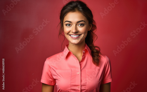 portrait of waitress, happy and smiling, in color clothing