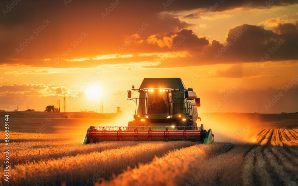 Fototapeta premium Combine harvester harvesting ripe wheat on big wheat field and tractor. Agricultural activity, excellent harvest in sunset
