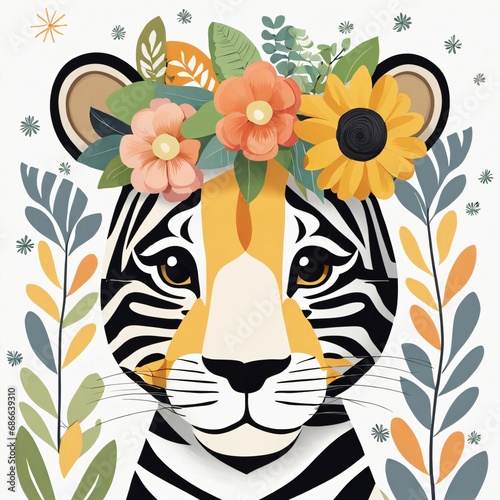 Floral Cute Baby Lion Nursery Illustration Generative Ai
