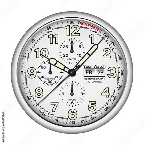 Realistic watch clock chronograph silver black face dashboard soft green arrow number on isolated design classic luxury vector