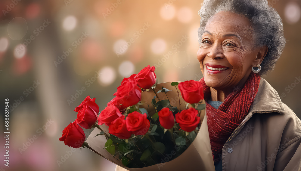 elderly black african woman with bouquet of red roses, valentine's day concept elderly black african woman with bouquet of red roses, valentine's day concept