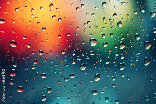 Rain drops on glass with colourful tint background