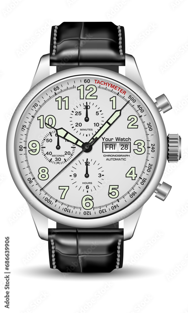 Realistic watch clock chronograph silver black soft green arrow number leather strap on isolated design classic luxury vector Realistic watch clock chronograph silver black soft green arrow number leather strap on isolated design classic luxury vector