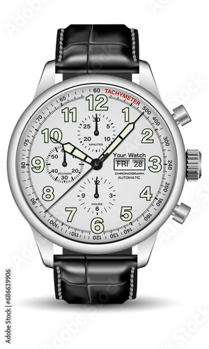 Realistic watch clock chronograph silver black soft green arrow number leather strap on isolated design classic luxury vector
