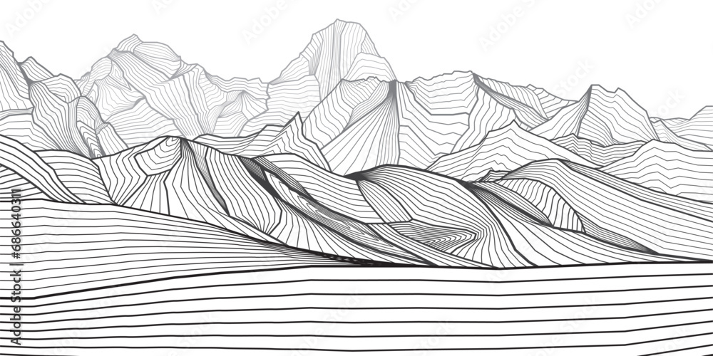 Abstract mountains outline illustration. Landscape Himalayas hills. Gray line on white background. Vector design art