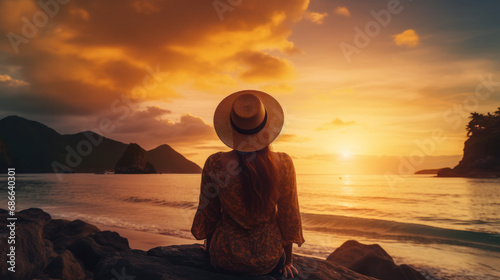 Seen from behind elegant middle age woman in white dress and straw hat on the beach at sunset walking.