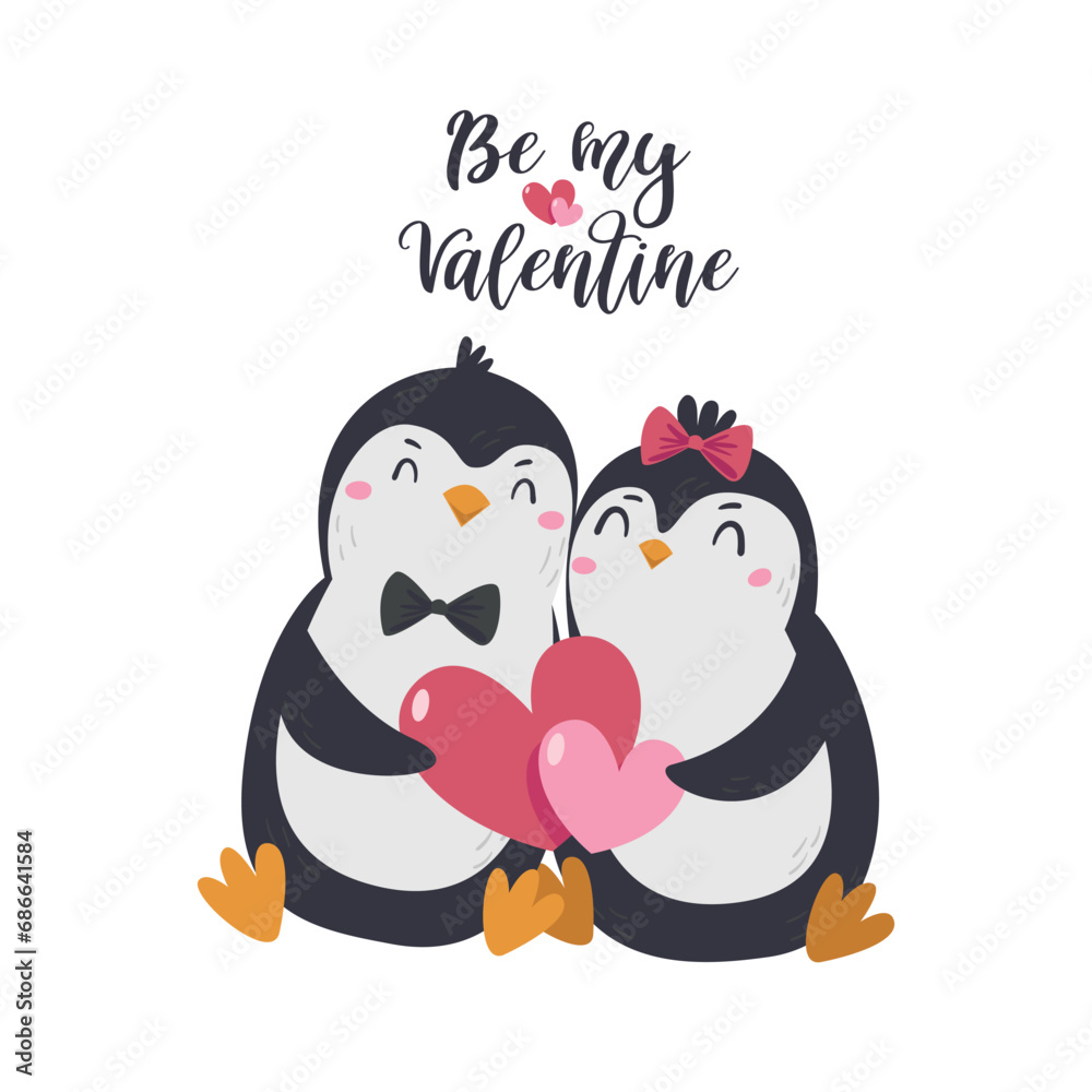 Postcard banner for Valentine's Day with cute penguins holding hearts. Postcard banner for Valentine's Day with cute penguins holding hearts.