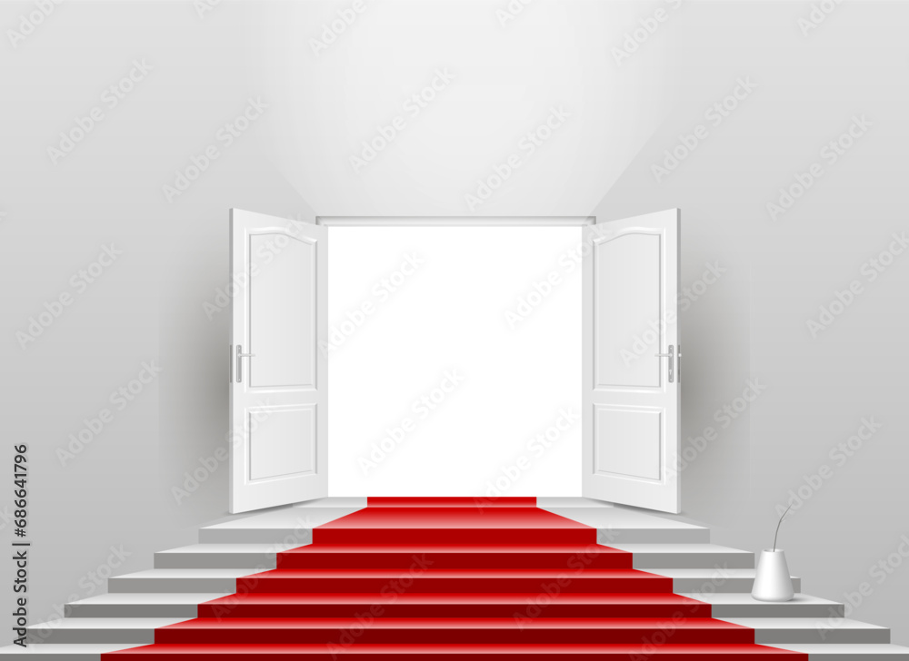 A 3D model of a staircase with a red carpet and an open door.
Vector illustration. A 3D model of a staircase with a red carpet and an open door.
Vector illustration.