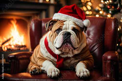 Christmas. New Year. Greeting card bulldog wearing Santa hat for Christmas