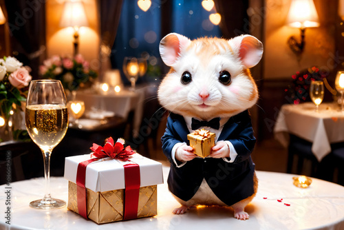 Cute little hamster with an elegant suit on a table set for a romantic Valentine dinner