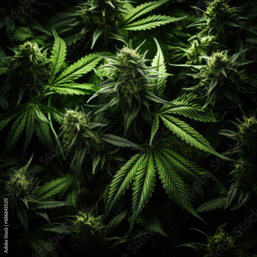 Green cannabis leaves on dark background. Medical marijuana bush