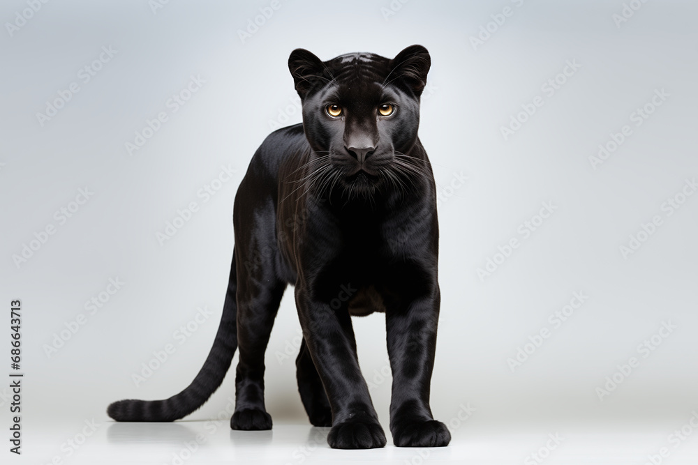 Head shot of a black panther looking at camera, Panthera pardus, isolated on white