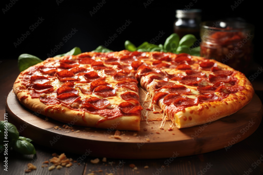 Delicious pepperoni pizza with basil and mozzarella on table, close up. Italian traditional cuisine
