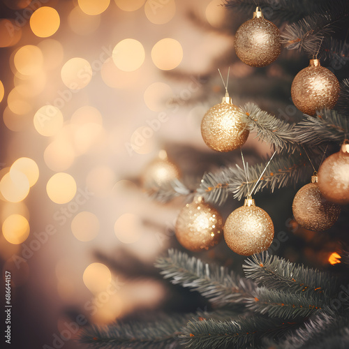Christmas Tree With Ornaments In gold And Bokeh Lights . Abstract Defocused Background.