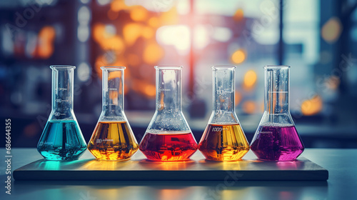 Chemical laboratory glassware with various colored liquids on table photo
