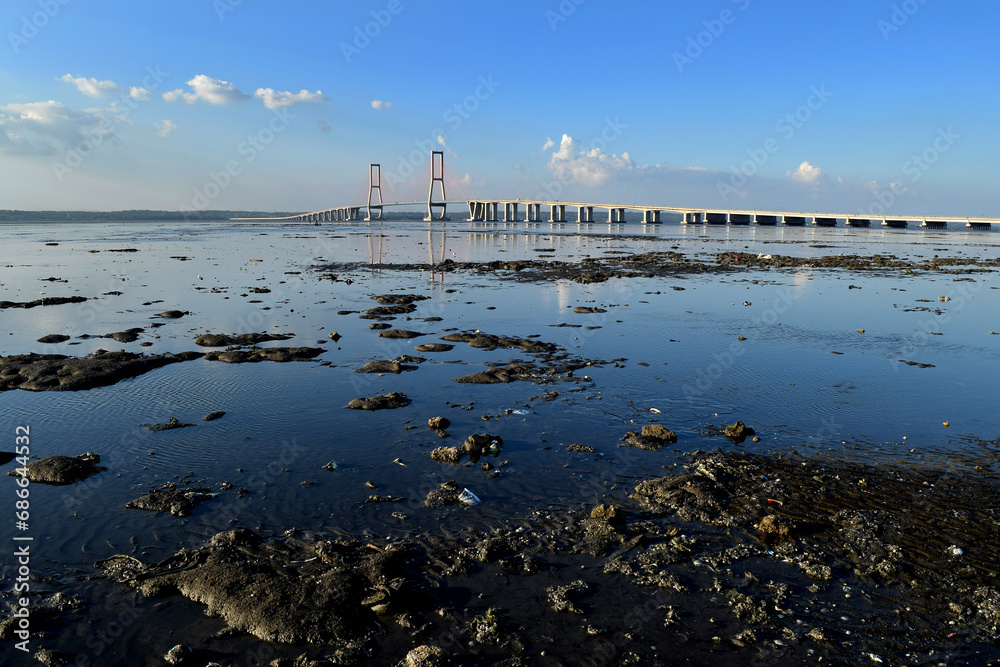 View of the Suramadu bridge which connects Madura Island and the city of Surabaya, East Java, Indonesia, which is the longest bridge in Indonesia