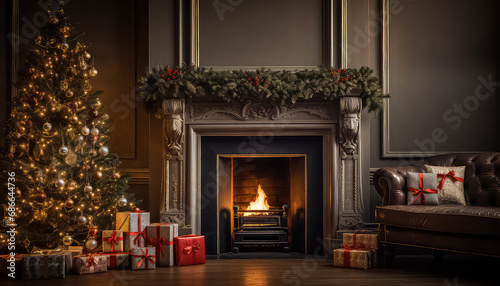Fireplace with fire, Christmas trees and gifts, Christmas and new year concept