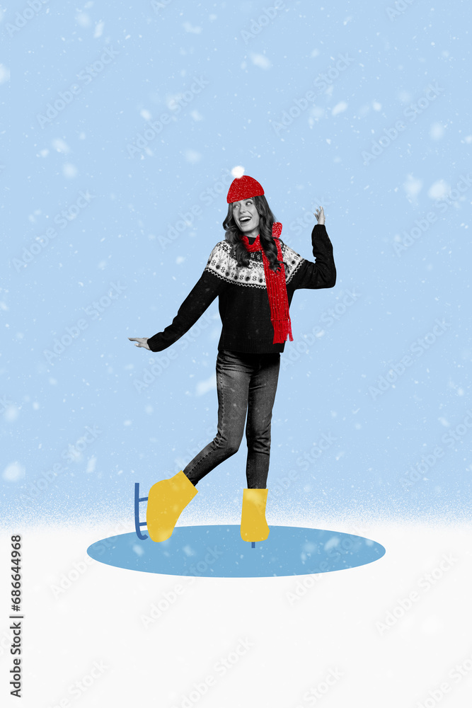 Collage sketch image of funky charming lady riding rising xmas skates frozen pond isolated blue white color background