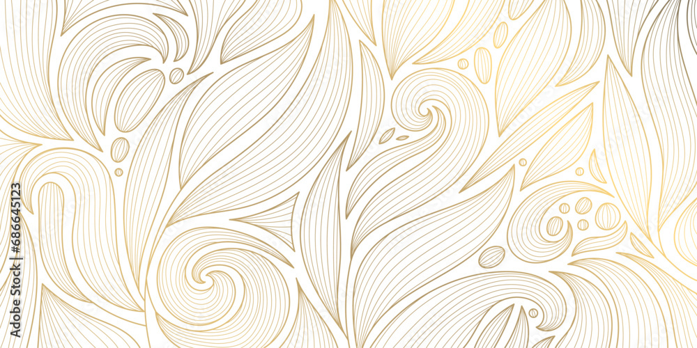 Vector abstract luxury background, gold line floral wallpaper, leaves texture. Golden botanical modern, art deco pattern, elegant foliage wavy ornament - obrazy, fototapety, plakaty 