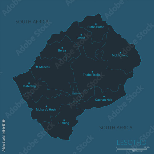 Lesotho map. High detailed map of Lesotho with countries, borders, cities, water objects. Vector illustration EPS10