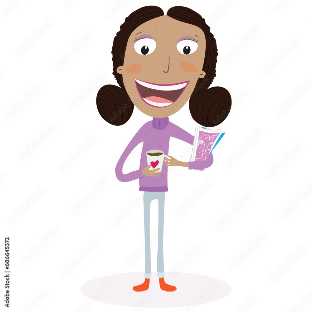 Funny girl with magazines and drinking coffee. Vector illustration. Funny girl with magazines and drinking coffee. Vector illustration.