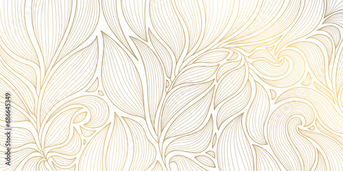 Vector abstract luxury background, gold line floral wallpaper, leaves texture. Golden botanical modern, art deco pattern, elegant foliage wavy ornament © marylia17