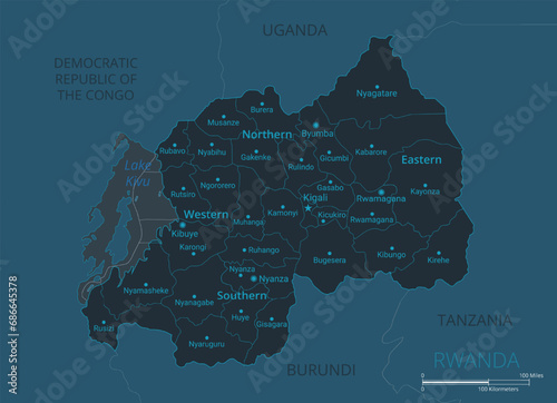 Rwanda map. High detailed map of Rwanda with countries, borders, cities, water objects. Vector illustration EPS10