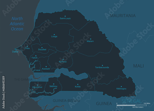 Senegal map. High detailed map of Senegal with countries, borders, cities, water objects. Vector illustration EPS10