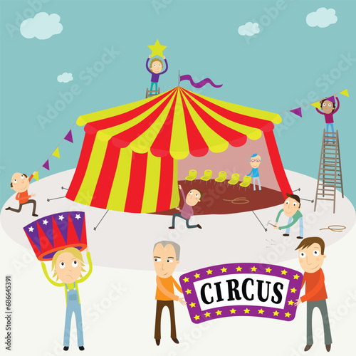 People setting up a big top circus tent. Vector Illustration.