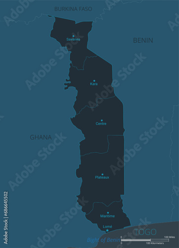 Togo map. High detailed map of Togo with countries, borders, cities, water objects. Vector illustration EPS10
