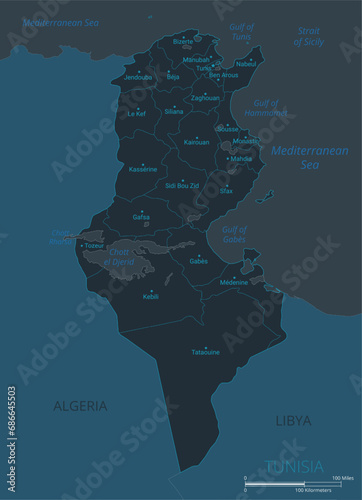 Tunisia map. High detailed map of Tunisia with countries, borders, cities, water objects. Vector illustration EPS10