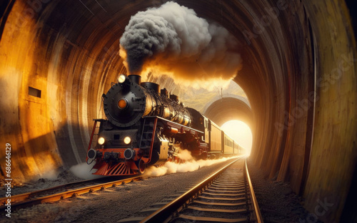 Old steam train pulling into a tunnel belching steam and smoke. photo