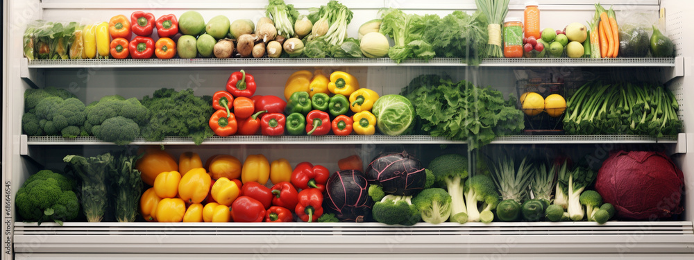 a counter in a store with vegetables and fruits for sale in a supermarket a counter in a store with vegetables and fruits for sale in a supermarket