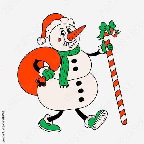 Retro style Funny cartoon snowman in Santa hat. Groovy vintage 70s snowman ch...