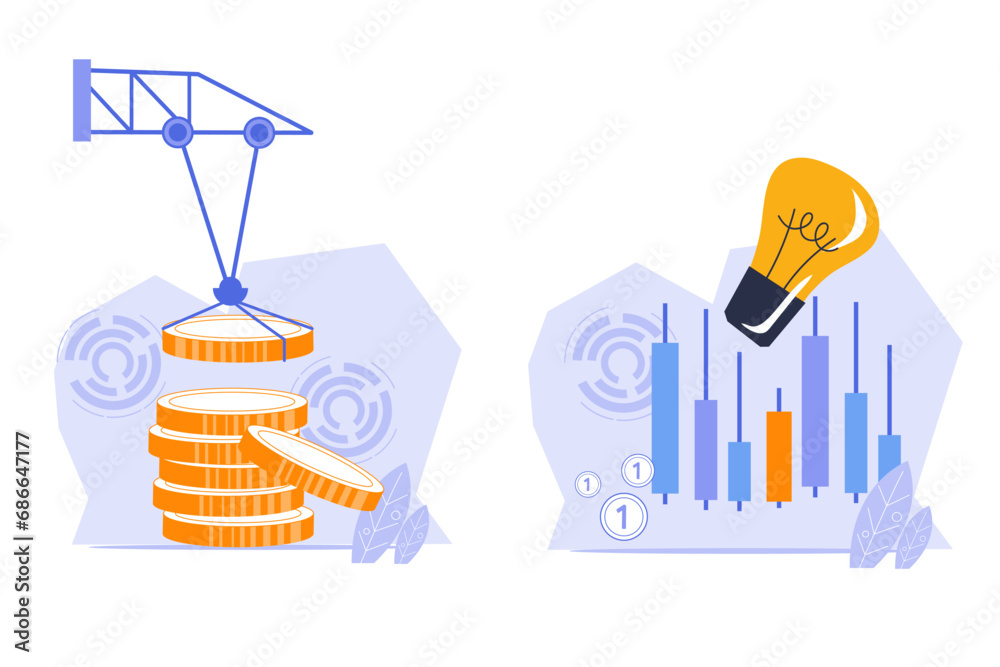 Make money and growing business concept, flat vector illustrations set isolated on white background. Banners for finance, investment and development business concepts. Make money and growing business concept, flat vector illustrations set isolated on white background. Banners for finance, investment and development business concepts.