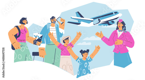 Family travel banner concept with people going to travel by plane during their vacation. Air travel and tourism. The flight attendant today invites passengers on journey, vector illustration isolated.