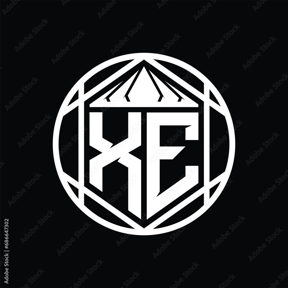 XE Letter Logo monogram hexagon slice crown sharp shield shape isolated circle abstract style design XE Letter Logo monogram hexagon slice crown sharp shield shape isolated circle abstract style design
