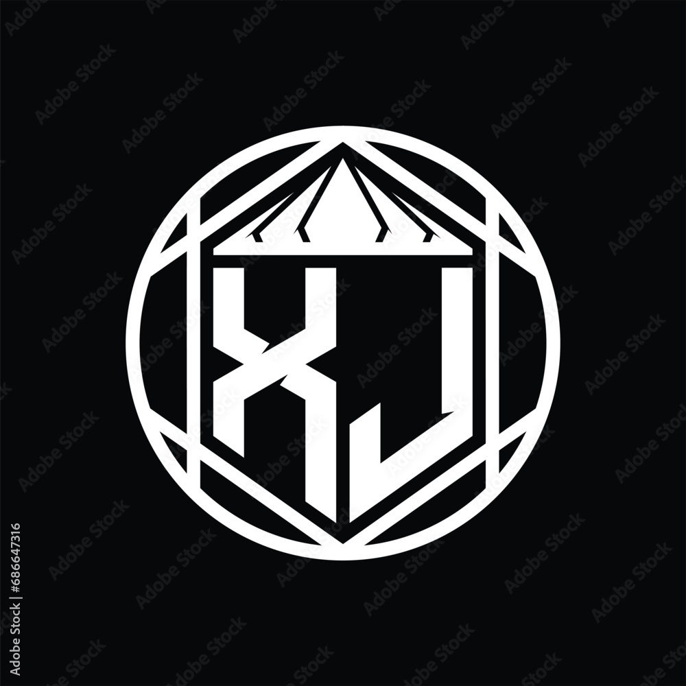 XJ Letter Logo monogram hexagon slice crown sharp shield shape isolated circle abstract style design XJ Letter Logo monogram hexagon slice crown sharp shield shape isolated circle abstract style design
